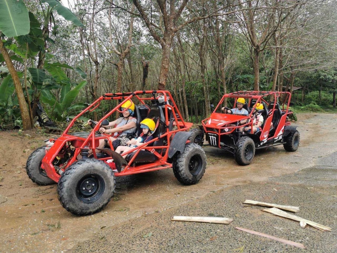 Red buggy on the jungle trail